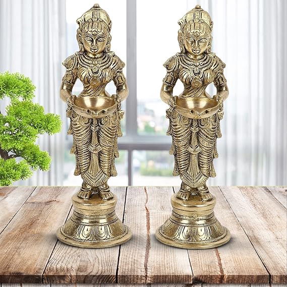 ARTVARKO Brass Metal Deep Luxmi Pair Meenakshi Devi Pair Holding Oil Diya